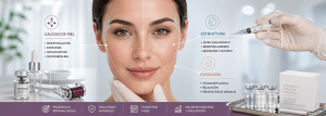 Tratamientos combinados de estética facial mostrando mejora de piel, volumen y expresión en protocolo de rejuvenecimiento avanzado